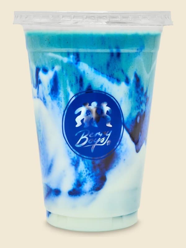 Crowd Pleaser, a blue and white smoothie in a Berry Boys cup
