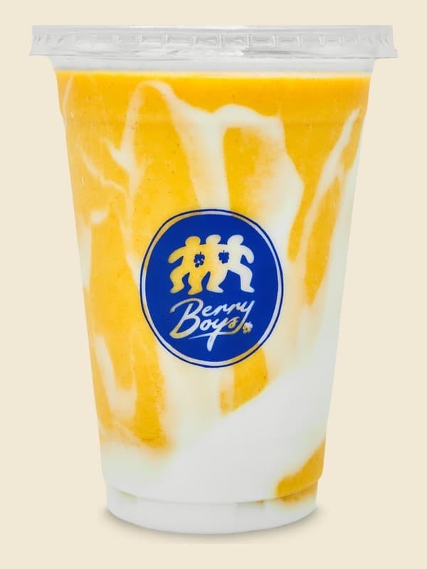 Smooth Operator, a yellow and white smoothie in a Berry Boys cup